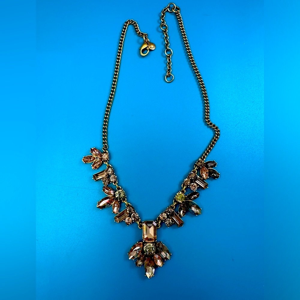 J Crew Rare glass/crystal rhinestones statement necklace muted gold tone